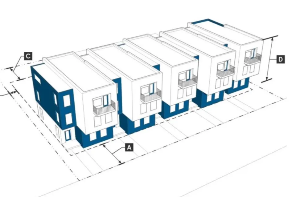 A rendering shows key features of the zoning code for a mid-rise apartment building.